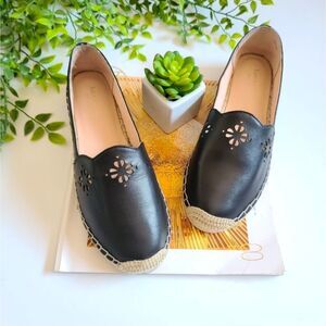 Kate Spade Gillian Black Leather Scalloped Espadrille Flats Size 7.5 NWB